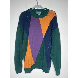 Vintage 90s Kenneth Roberts Colorblock Argyle Knit Sweater Green Purple Men's L